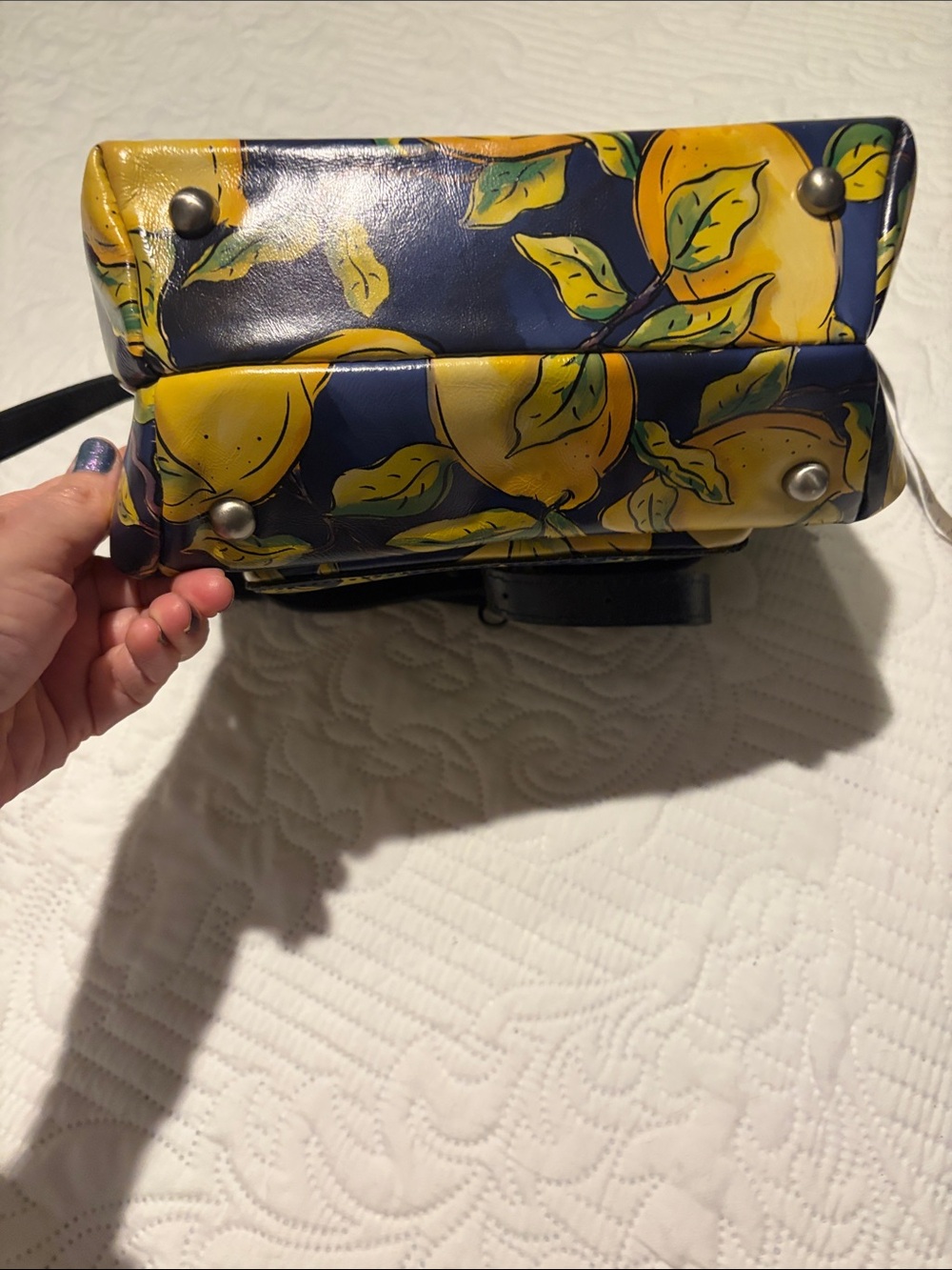 Patricia Nash Navy and Yellow Lemon Print Crossbody Bag - Picture 6 of 6